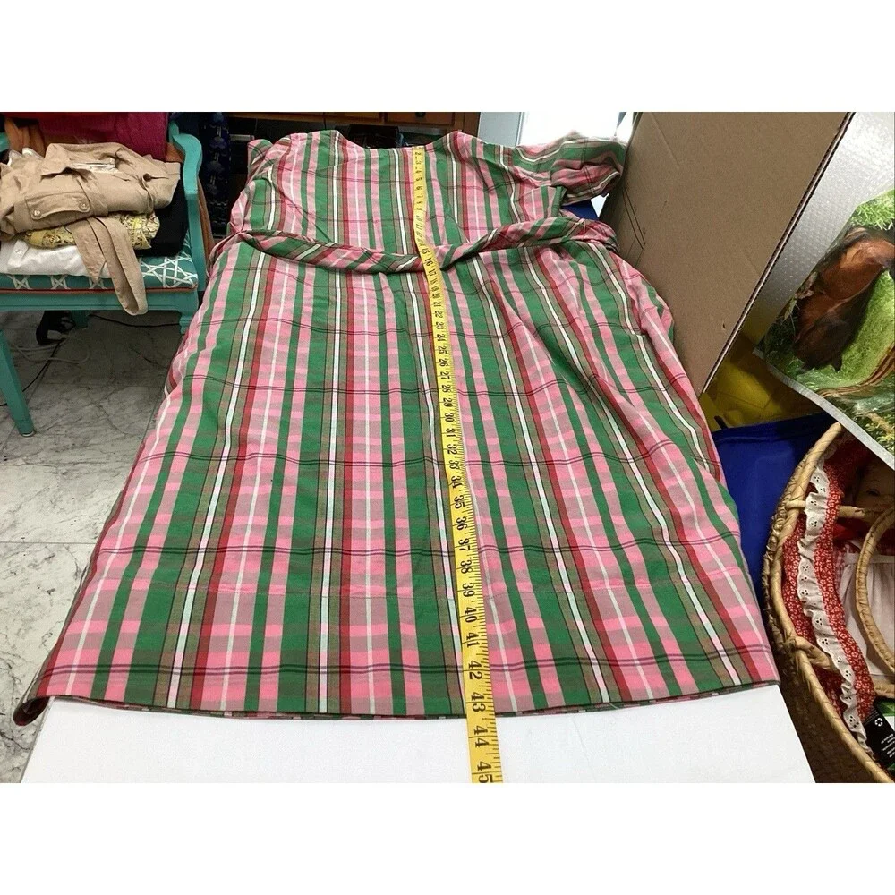 j crew tie waist poplin shirt dress sz 6 stretch cotton pink/green plaid